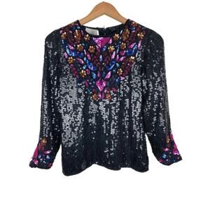 Vintage Illustrations Women's PP Black Silk Beaded Sequin Floral Evening Top